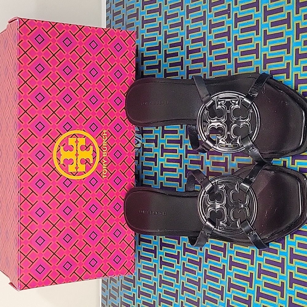 Tory Burch Geo Bombe Miller Leather Black Gold Heeled Sandals- Size 8.5